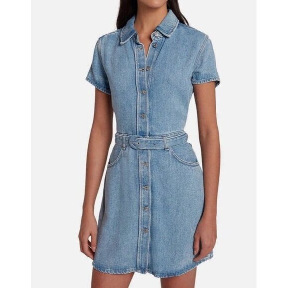 7 For All Mankind Sz M Dress Denim Collared Mini Shirtdress Blue Boho Classic - Picture 1 of 10